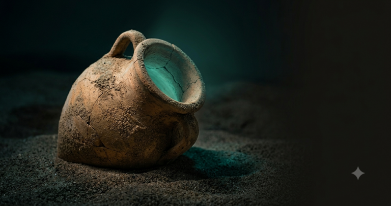 Amphore ancienne en argile fissurée, couchée sur du sable sombre, d'où émane une lueur teal — métaphore des données internes inexploitées que possèdent déjà les PME B2B.