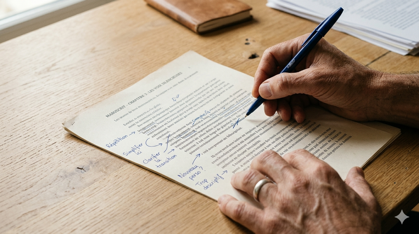 Mains annotant un document imprimé avec des corrections manuscrites — production éditoriale B2B