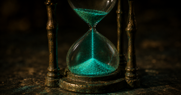 Sablier ancien en bronze, sable teal lumineux s'écoulant dans l'obscurité, symbole du compte à rebours avant la fin du déploiement de l'Aperçu IA en France